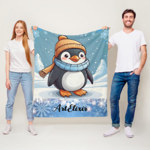Penguin Cute Kawaii Brown Cap Print  Fleece Blanket