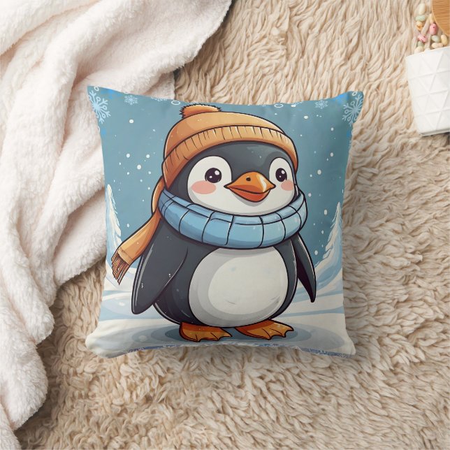 Penguin Cute Kawaii Brown Cap Print  Throw Pillow (Blanket)