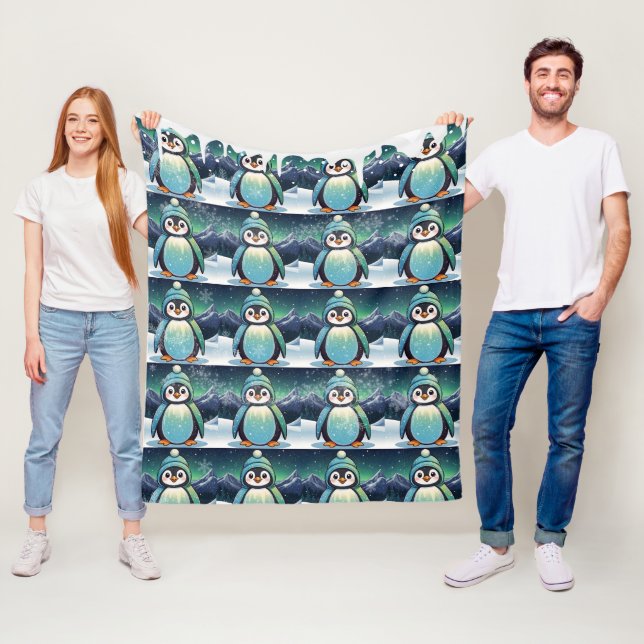 Penguin Cute Kawaii Stary Background Pattern Fleece Blanket (In Situ)