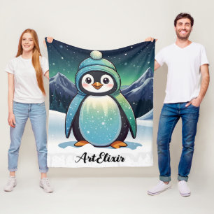 Penguin Cute Kawaii Stary Background Print Fleece Blanket