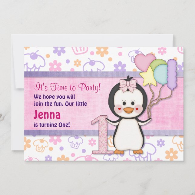 Penguin Cutie- Girl First Birthday Invitation (Front)