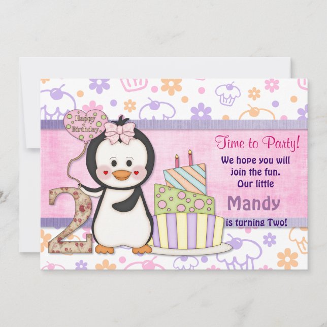 Penguin Cutie- Girl Second Invitation (Front)