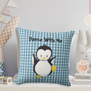 Penguin Dancing Blue Plaid Gingham Personalized Throw Pillow