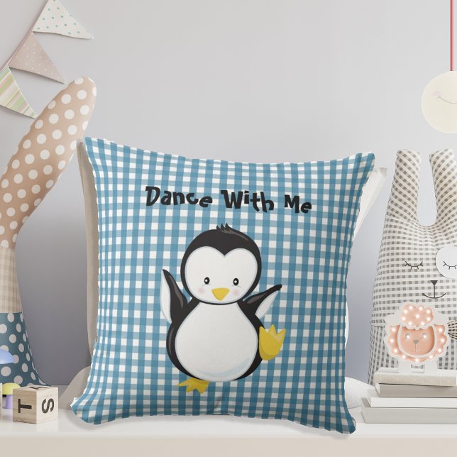 Penguin Dancing Blue Plaid Gingham Personalized Throw Pillow (Creator Uploaded)