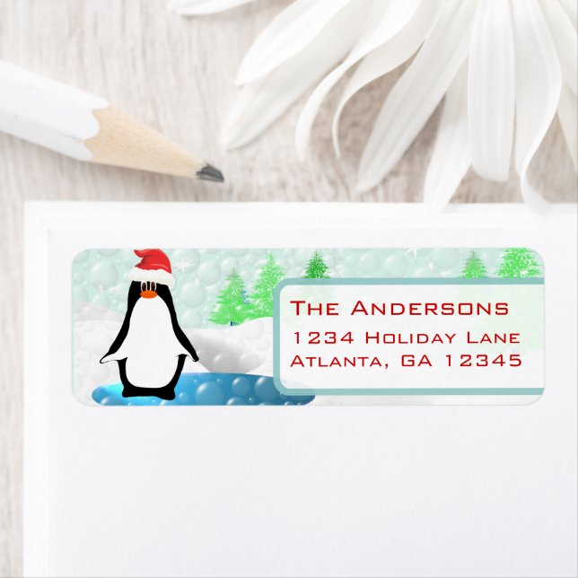 Penguin de Noël Santa Hat Adresse de retour (En situation)