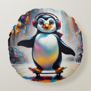 Penguin Digital Art Painting Cool Round Pillow