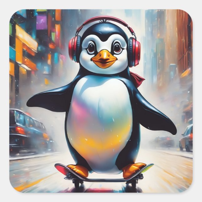 Penguin Digital Art Painting Cool Square Sticker (Front)