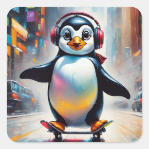 Penguin Digital Art Painting Cool Square Sticker