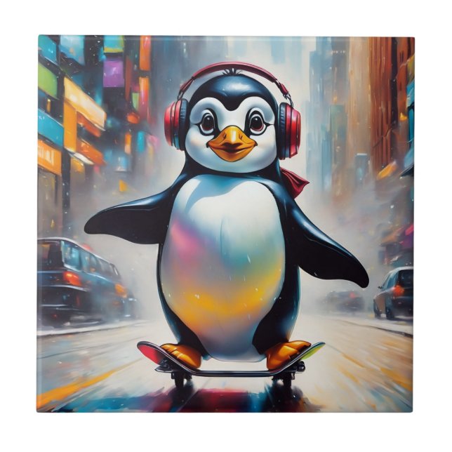 Penguin Digital Art Painting Cool Tile (Front)