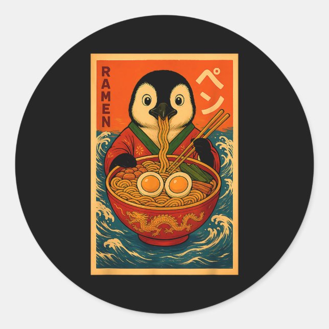 Penguin Eating Ramen Japanese Noodles Funny  Classic Round Sticker (Front)