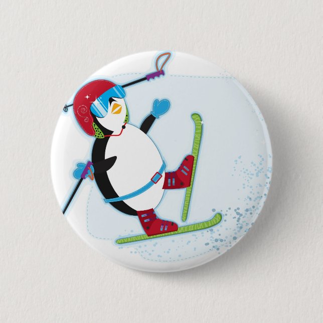 Penguin falling on ski 2 inch round button (Front)