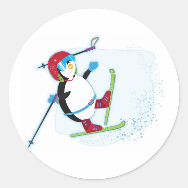 Penguin falling on ski classic round sticker (Front)