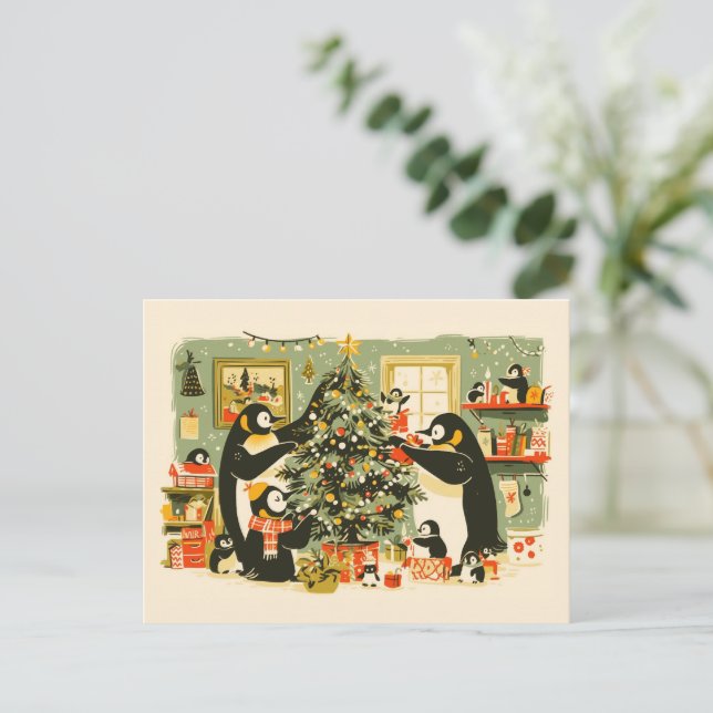 Penguin Family Decorating Christmas Tree Postcard (Standing Front)