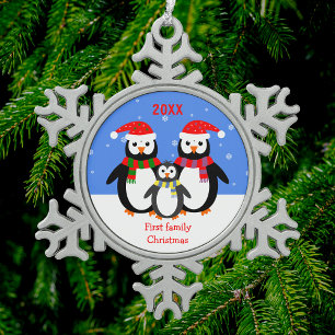 Penguin family first Christmas custom text Snowflake Pewter Christmas Ornament