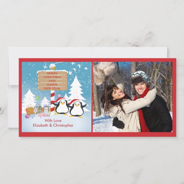Penguin Family Of 2 Holiday Christmas Photo Card (Front)