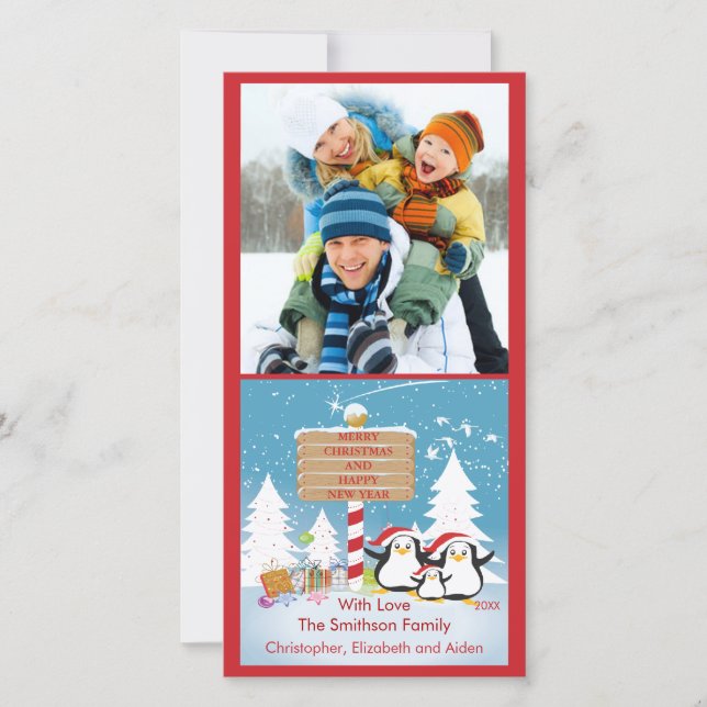 Penguin Family Of 3 Holiday Christmas Photo Card (Front)