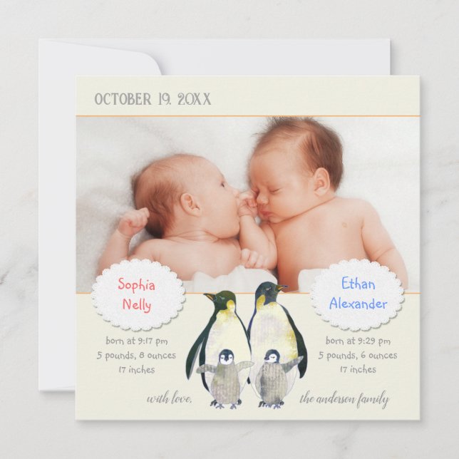Penguin Family Photo Birth Announcement for Twins (Front)