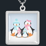 Penguin Family Silver Plated Necklace<br><div class="desc">Customizable pendant.</div>