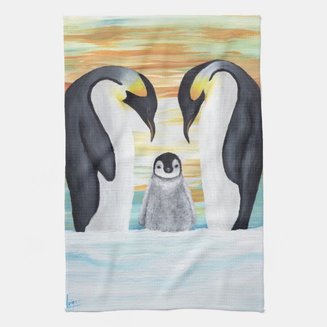 Penguin Family with Baby Penguin Kitchen Towel (Vertical)