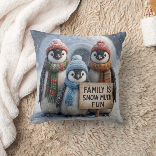 Penguin Family With Fun Sign Throw Pillow (Blanket)