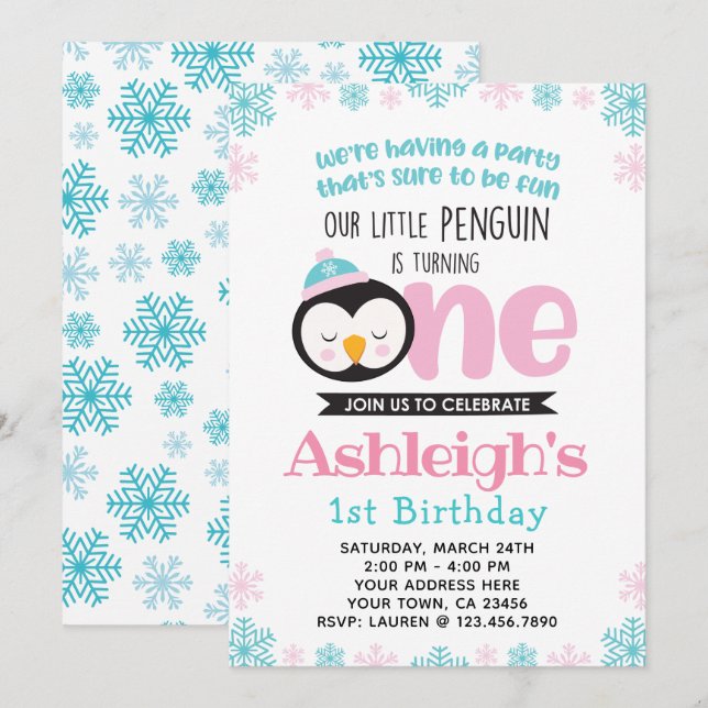 Penguin First Birthday Invitation (Front/Back)