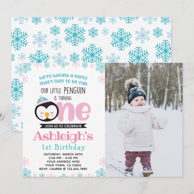 Penguin First Birthday Invitation with Photo (Front/Back)