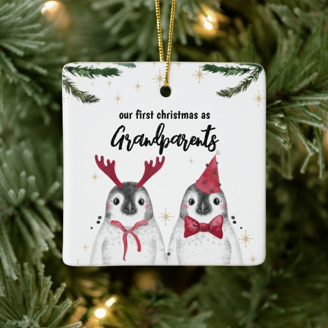 Penguin First Christmas Grandparents Photo on back Ceramic Ornament (Tree)
