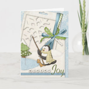 Penguin Fishing in a Pond Holiday Card