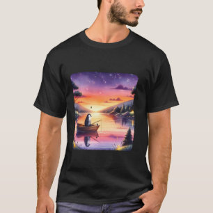 Penguin Fishing On Rowboat In Calm Lake. Sunset Li T-Shirt