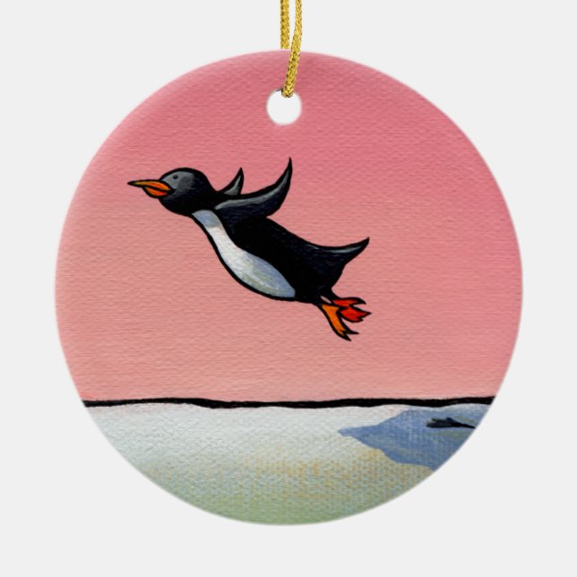 Penguin flying fun whimsical art Eternal Optimist Ceramic Ornament (Front)