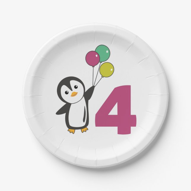 Penguin Fourth Birthday Balloons For Kids Paper Pl Paper Plate (Front)