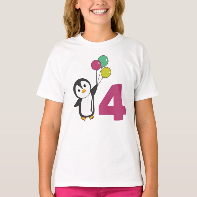 Penguin Fourth Birthday Balloons For Kids T-Shirt (Front)