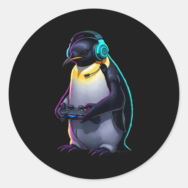 Penguin Gaming Animal Video Games Funny Penguin  Classic Round Sticker (Front)