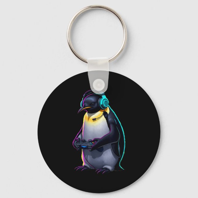 Penguin Gaming Animal Video Games Funny Penguin  Keychain (Front)