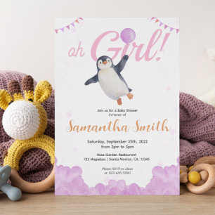 Penguin Girl Pink Baloon Cloud Sky Baby Shower Invitation