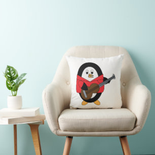 Penguin Guitar Cute Musician Throw Pillow