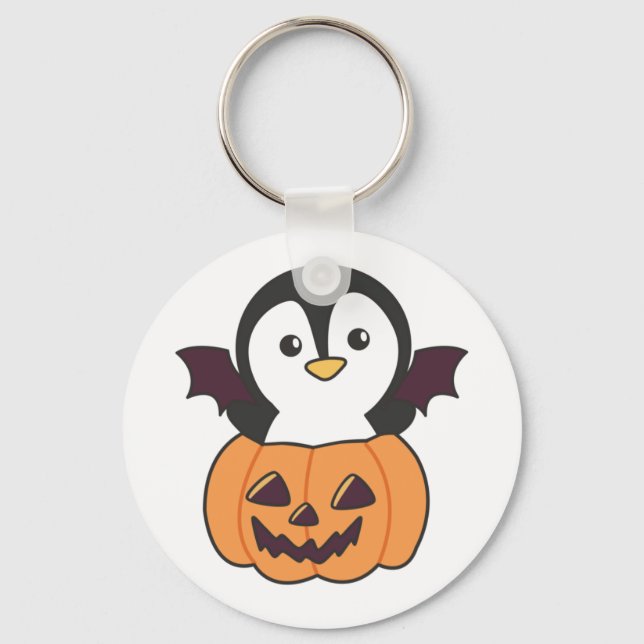 Penguin Halloween Pumpkin Bat Costume Keychain (Front)