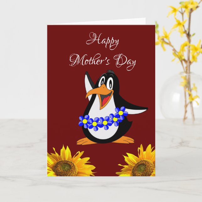 Penguin Happy Mother's Day Folded Greeting Card (Yellow Flower)