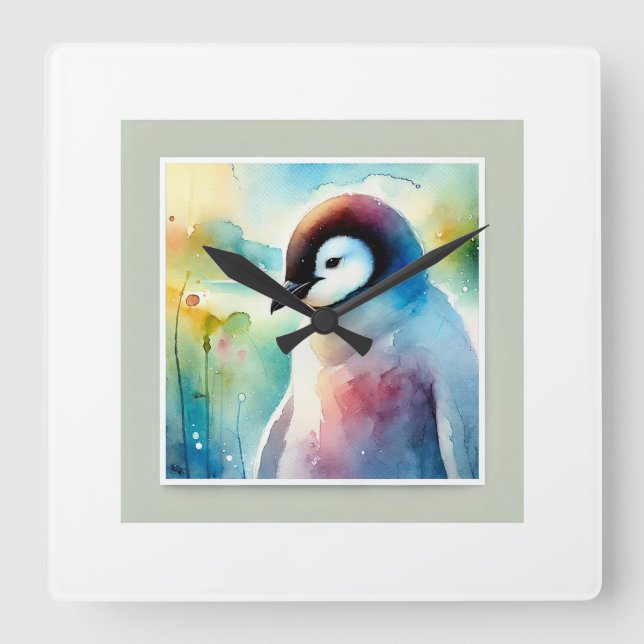 Penguin Harmony 051124AREF132 - Watercolor Square Wall Clock (Front)