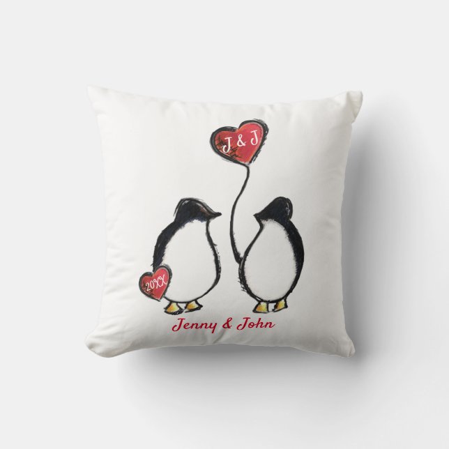 Penguin & hearts wedding throw pillow (Front)