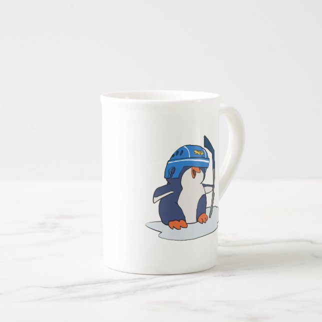 Penguin hockey player | choose background colour bone china mug (Front Right)