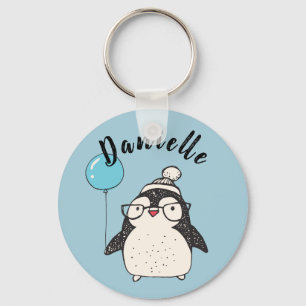 Penguin Holding a Balloon Personalized Blue Keychain