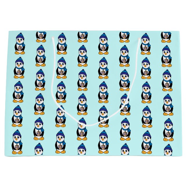 Penguin Holding a Dreidel at Hanukkah Large Gift Bag (Front)