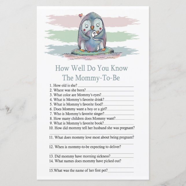 Penguin how well do you know baby shower game (Front)