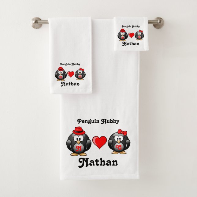 Penguin Hubby Adorable Mate Red Heart Hat Bath Towel Set (Insitu)