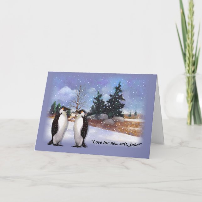 Penguin Humour, Oil Pastel Winter Scene, Art, Funn Holiday Card (Front)