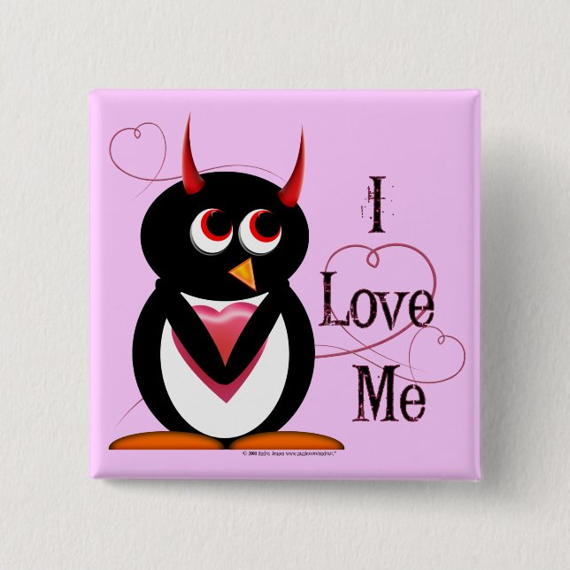 Penguin I LOVE ME Bling 2 Inch Square Button (Front)