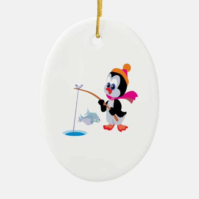 Penguin Ice Fishing 2 Ceramic Ornament (Front)