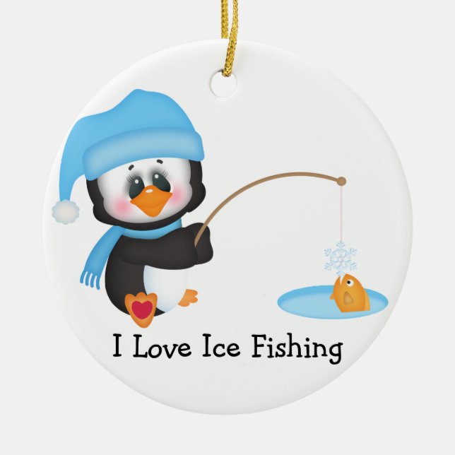 Penguin Ice Fishing Ceramic Ornament (Front)