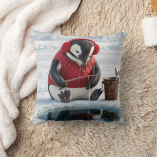 Penguin Ice Fishing on an Arctic Glacier Throw Pillow